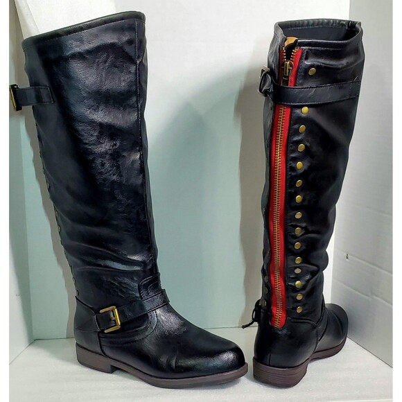Journee Collection XWC 10 Black Knee High Boots Red Zipper Brass Stud Faux Fur W - Picture 1 of 9